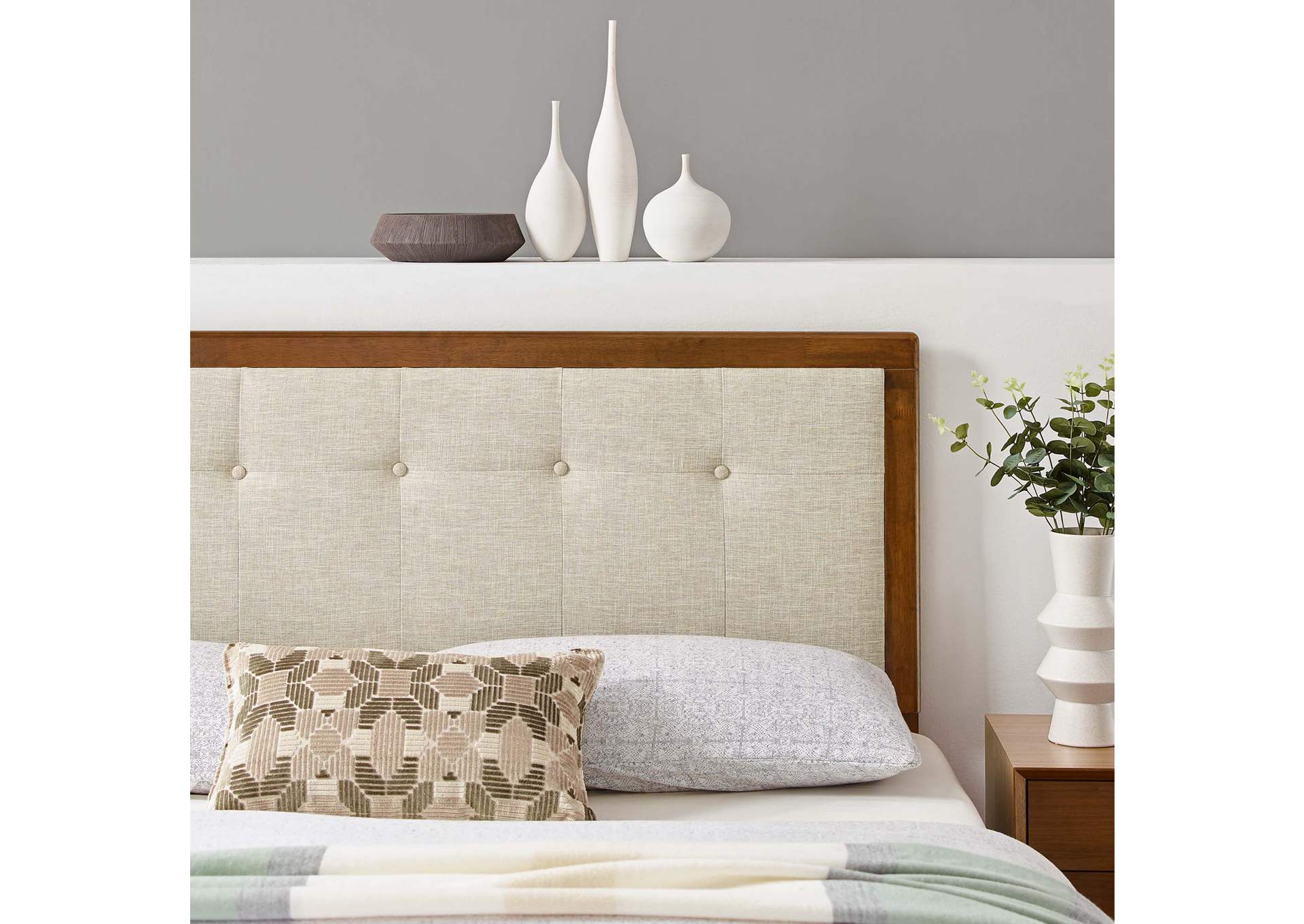 Draper Walnut Beige Tufted Full Fabric and Wood Headboard,Modway