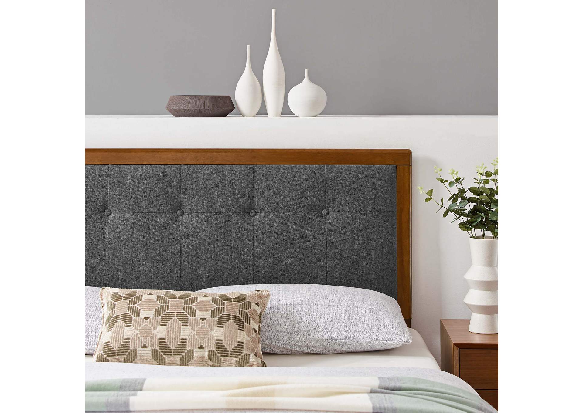 Draper Walnut Charcoal Tufted Full Fabric and Wood Headboard,Modway