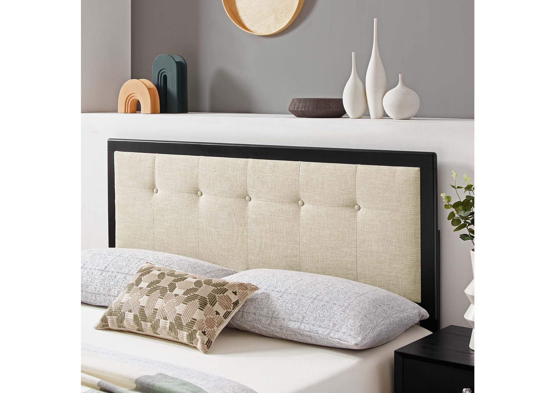 Draper Black Beige Tufted Queen Fabric and Wood Headboard,Modway