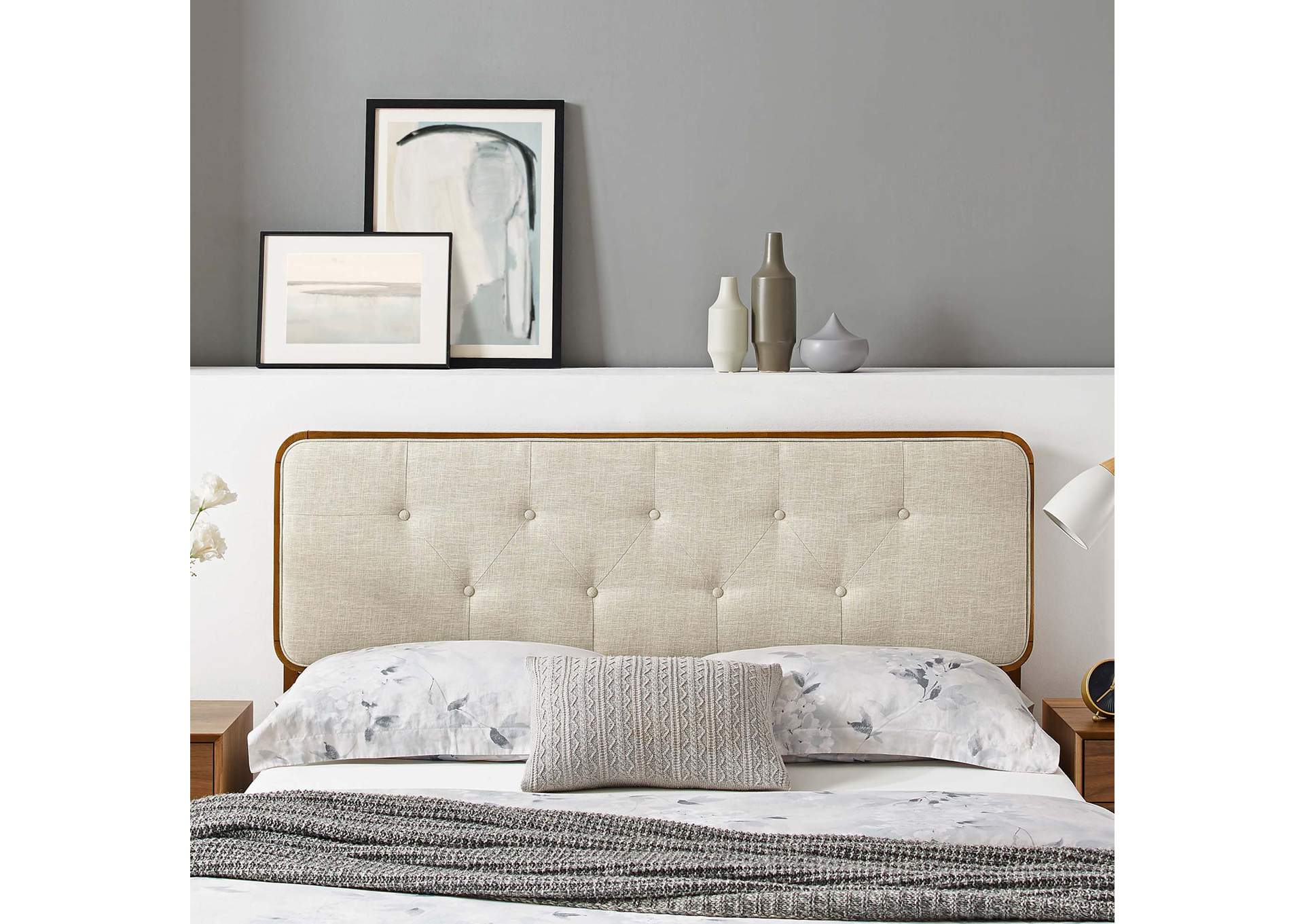 Collins Walnut Beige Tufted Full Fabric and Wood Headboard,Modway
