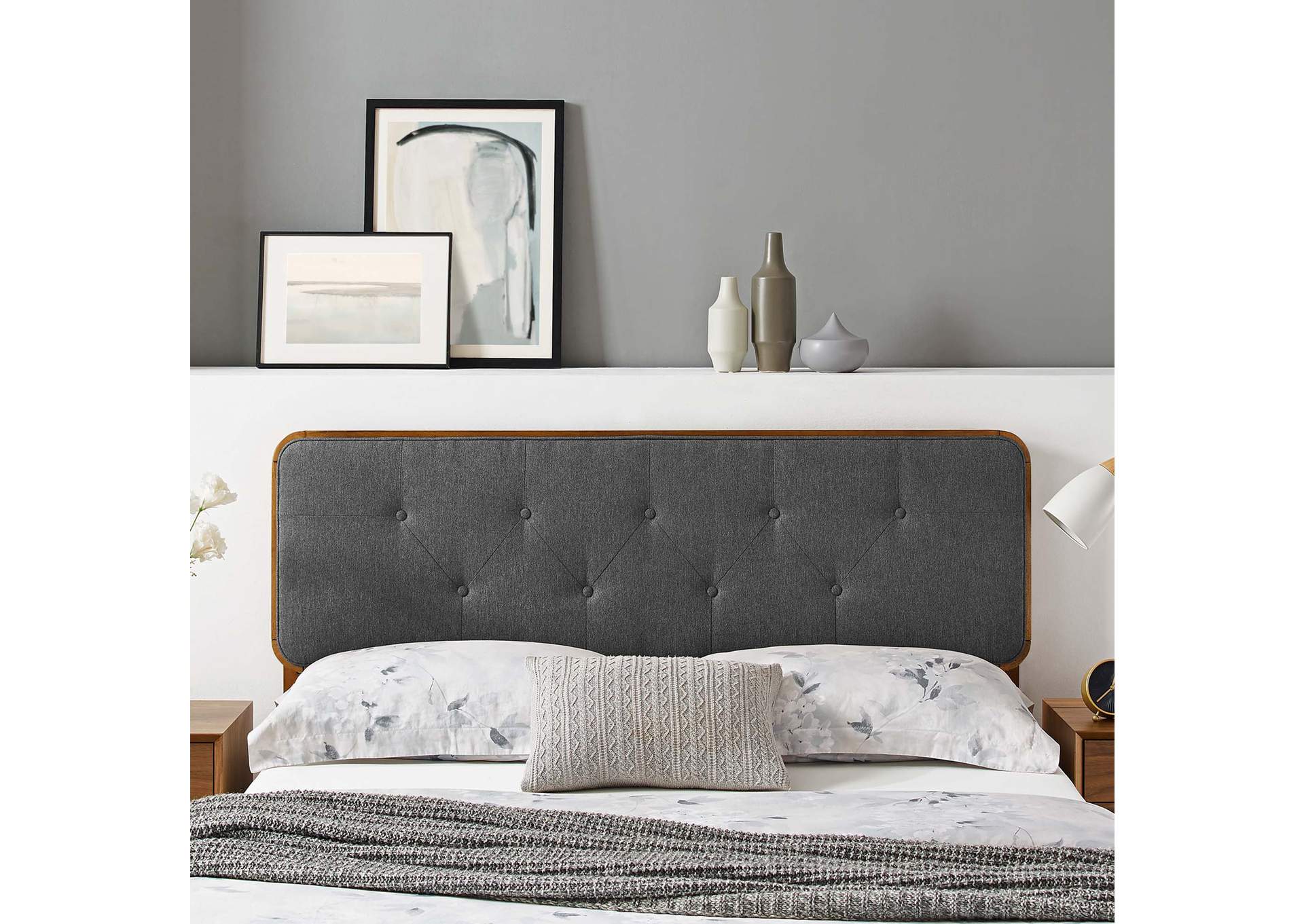Collins Walnut Charcoal Tufted Full Fabric and Wood Headboard,Modway