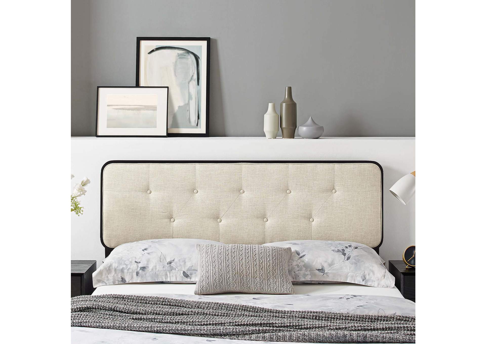 Collins Black Beige Tufted Queen Fabric and Wood Headboard,Modway