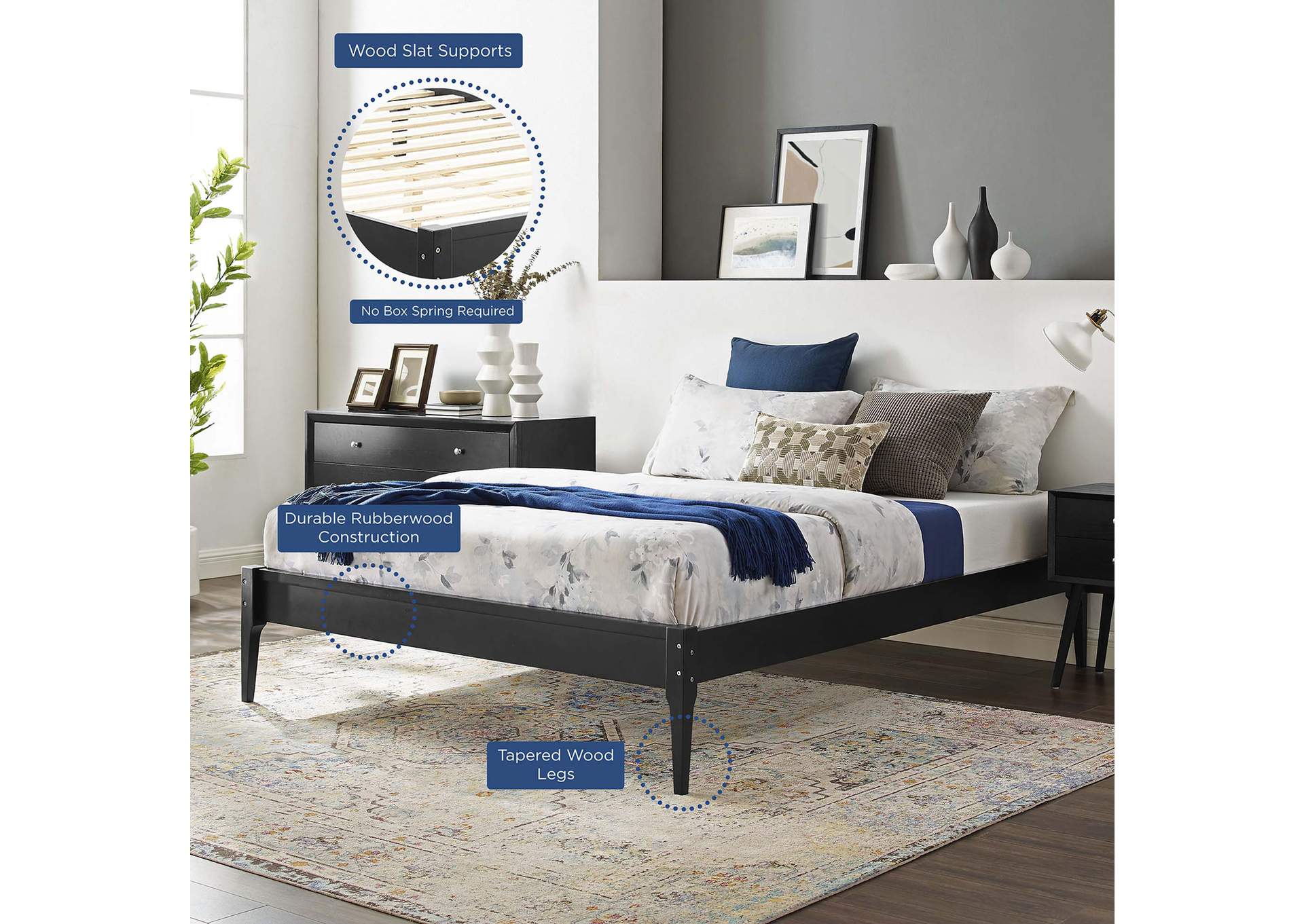 Black June Queen Wood Platform Bed Frame,Modway