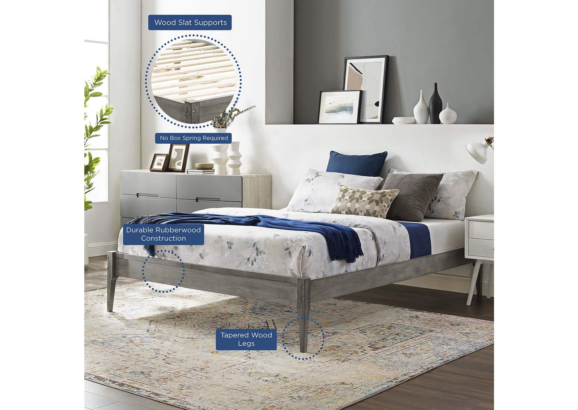 Gray June Queen Wood Platform Bed Frame,Modway