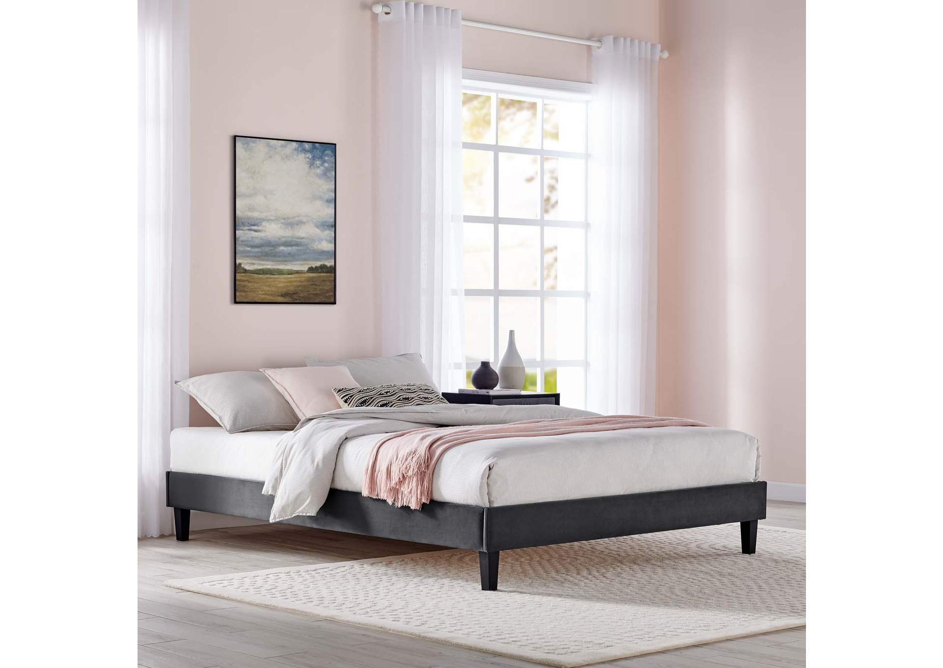 Charcoal Reign Twin Performance Velvet Platform Bed Frame,Modway