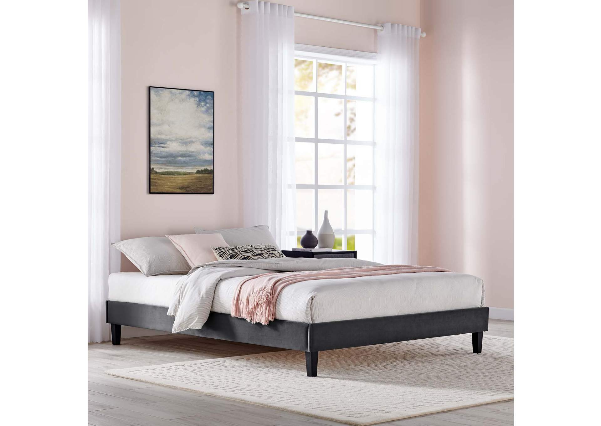 Charcoal Reign Queen Performance Velvet Platform Bed Frame,Modway