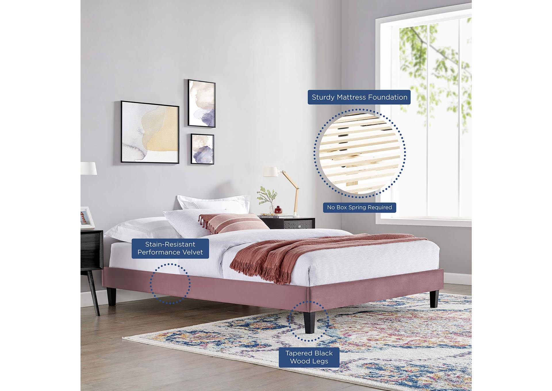 Dusty Rose Reign Queen Performance Velvet Platform Bed Frame,Modway