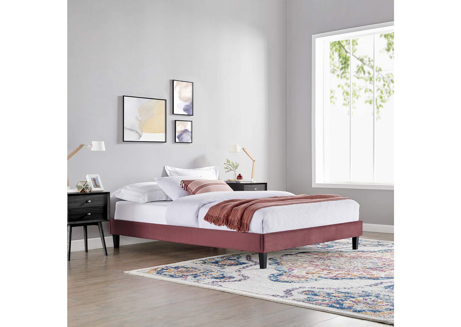 Dusty Rose Reign Queen Performance Velvet Platform Bed Frame,Modway