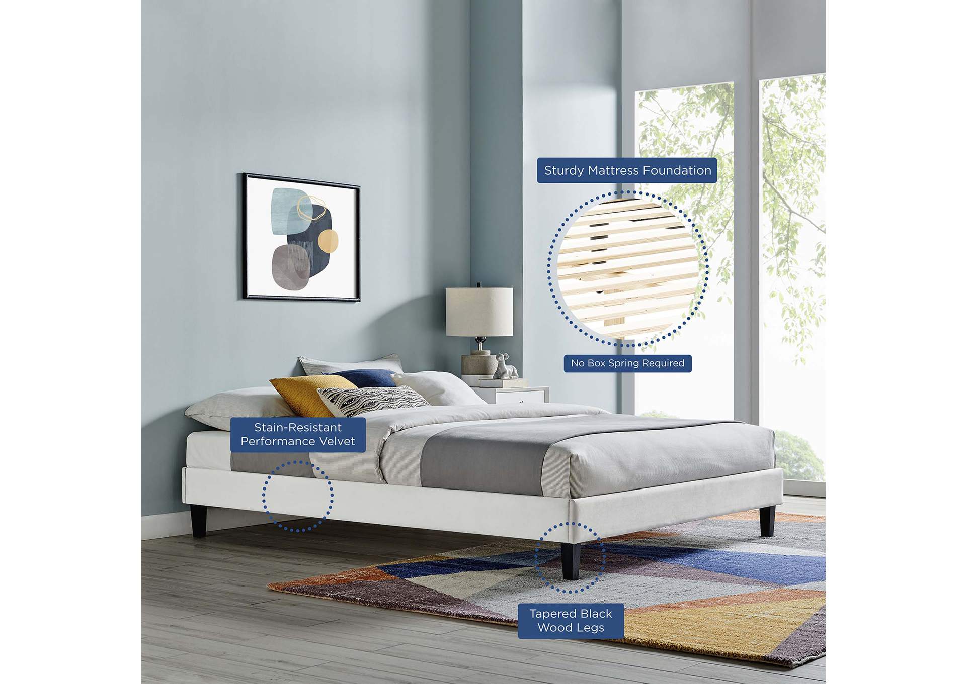 Light Gray Reign Queen Performance Velvet Platform Bed Frame,Modway