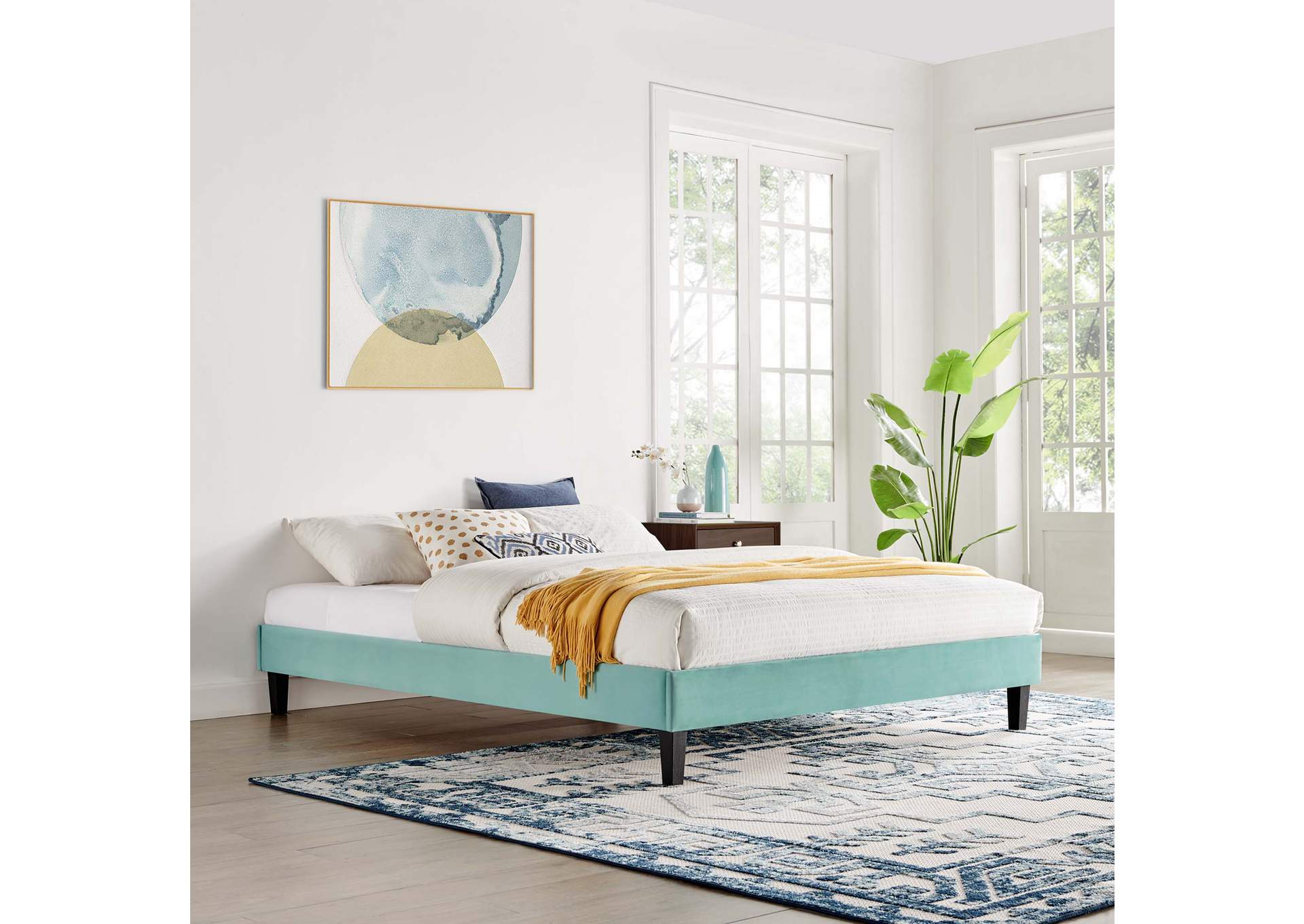 Mint Reign Queen Performance Velvet Platform Bed Frame,Modway