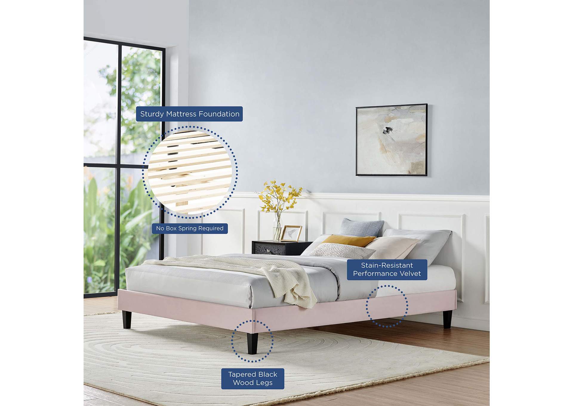 Pink Reign Queen Performance Velvet Platform Bed Frame,Modway