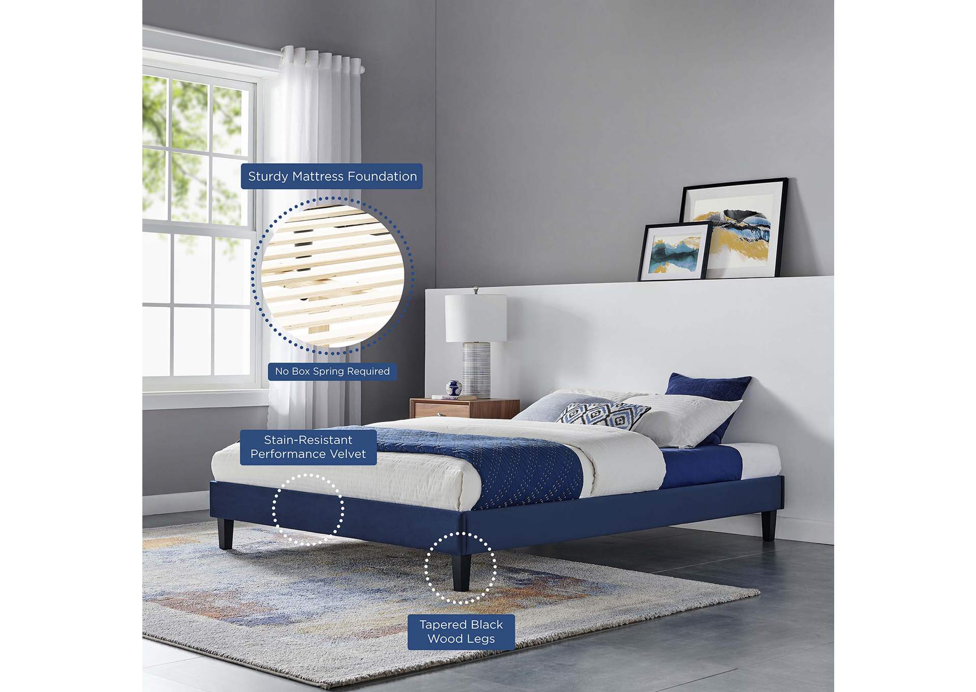 Navy Reign King Performance Velvet Platform Bed Frame,Modway