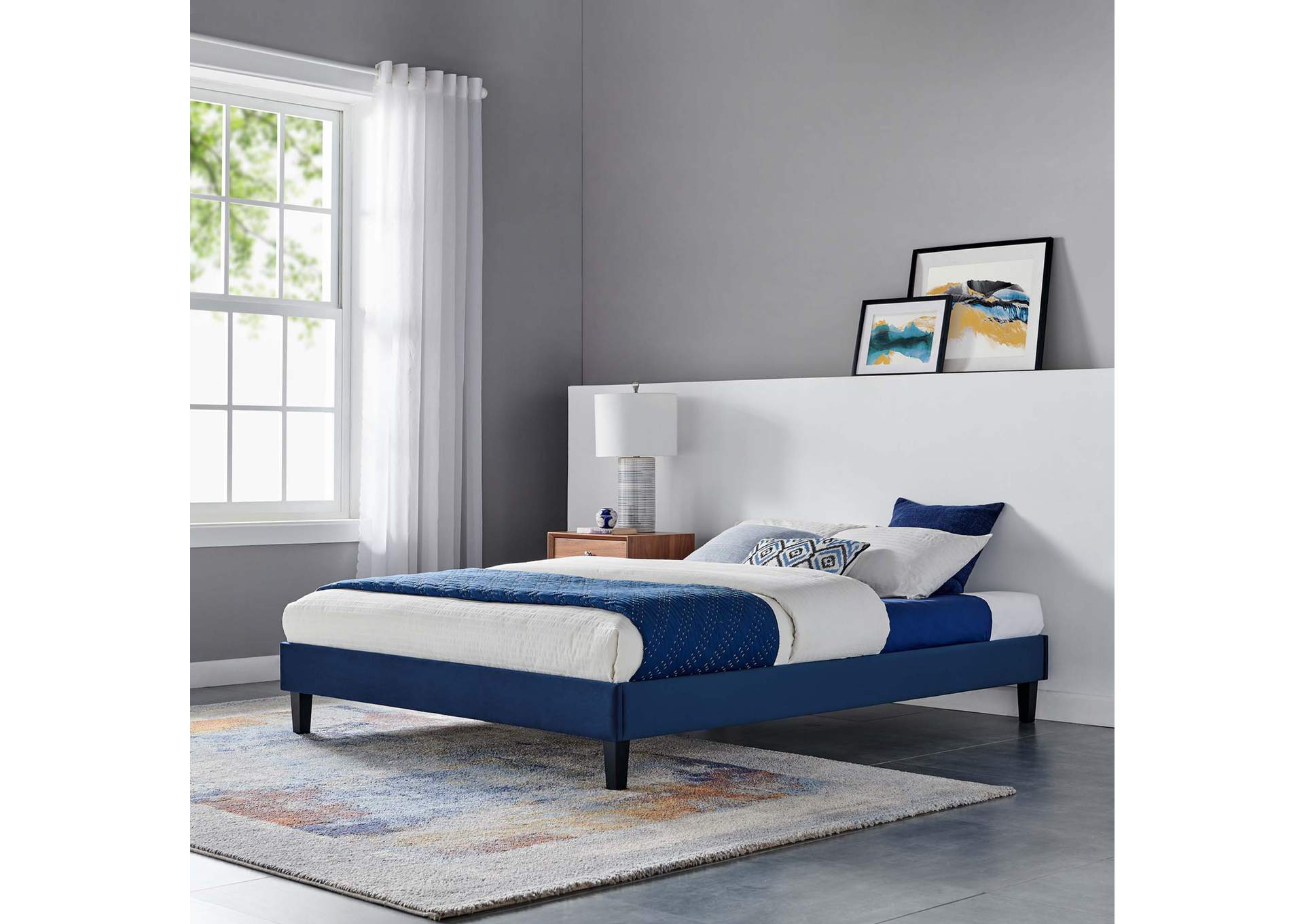 Navy Reign King Performance Velvet Platform Bed Frame,Modway