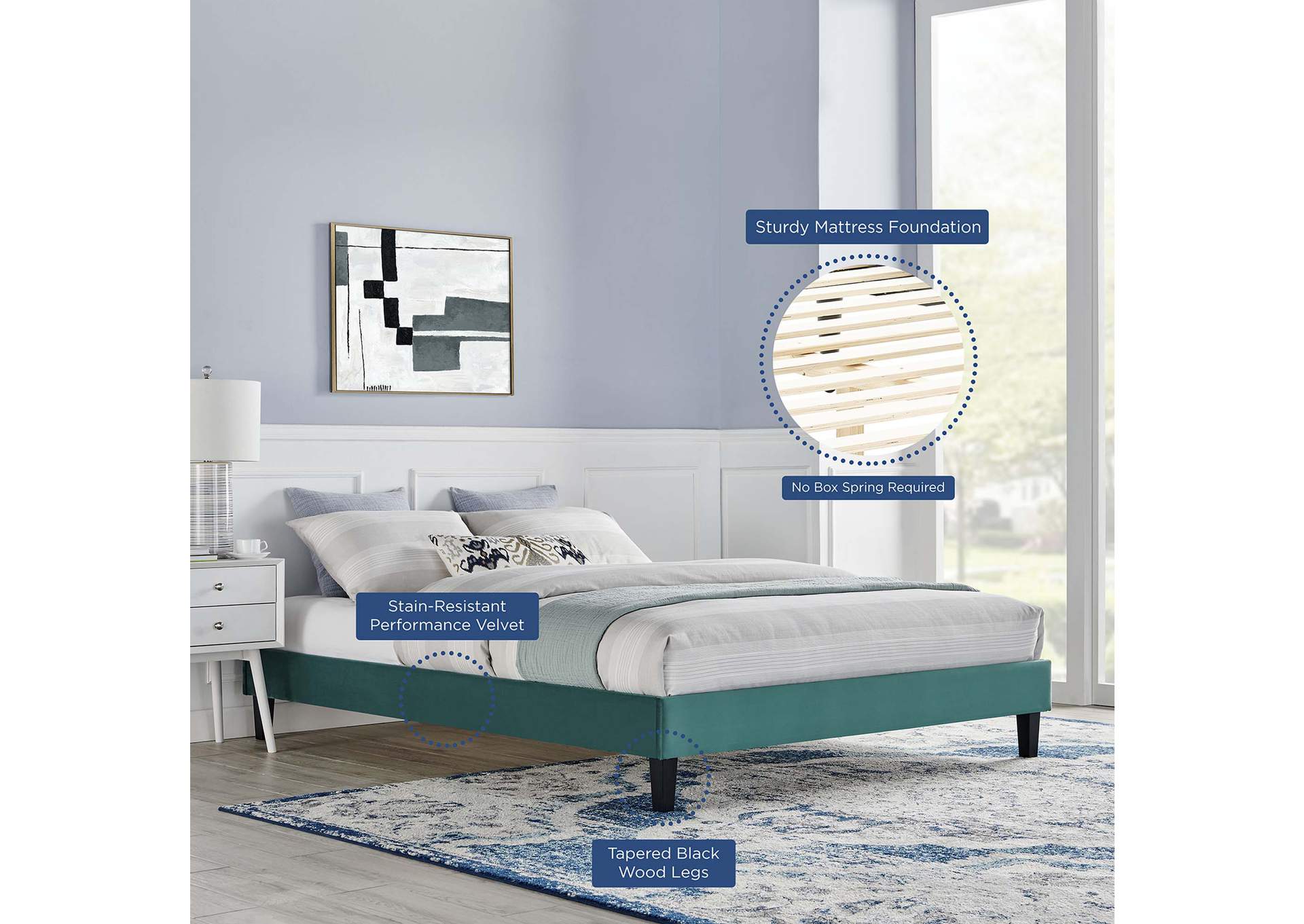 Teal Reign King Performance Velvet Platform Bed Frame,Modway