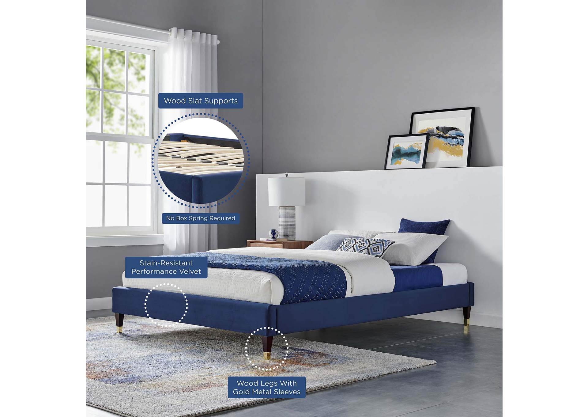 Navy Harlow Twin Performance Velvet Platform Bed Frame,Modway