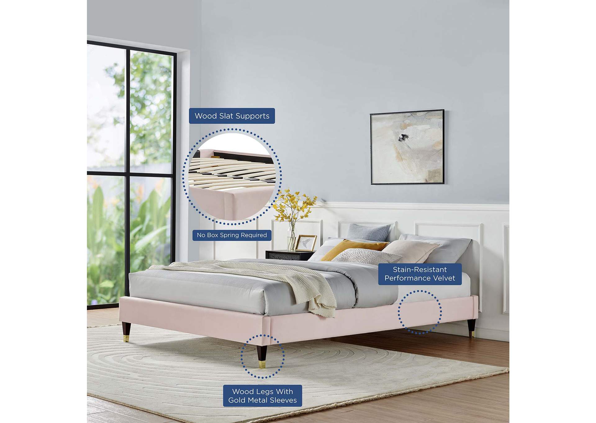 Pink Harlow Twin Performance Velvet Platform Bed Frame,Modway