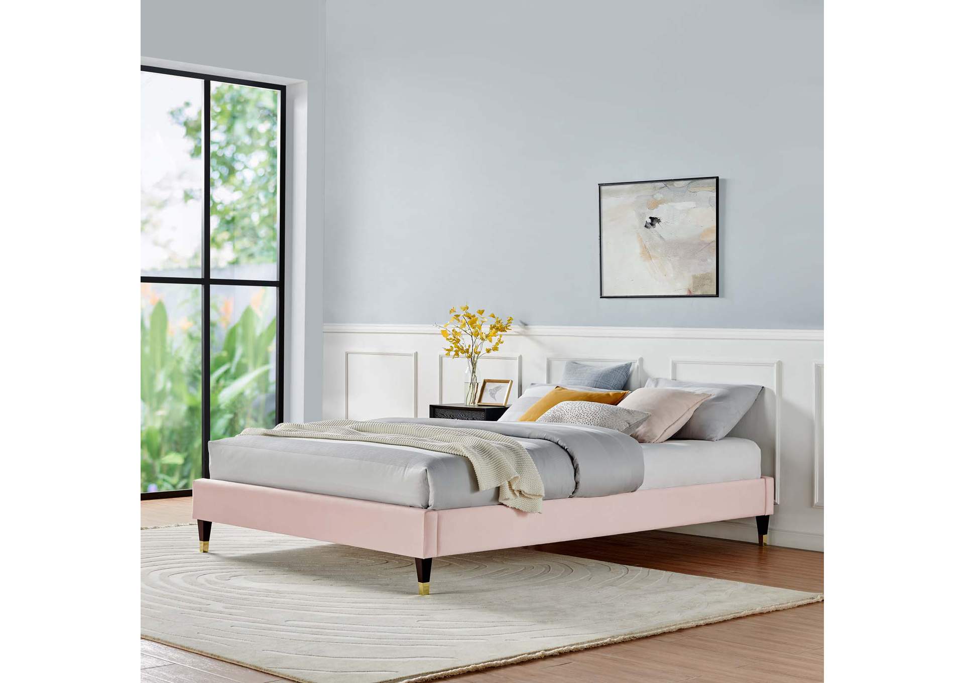 Pink Harlow Twin Performance Velvet Platform Bed Frame,Modway