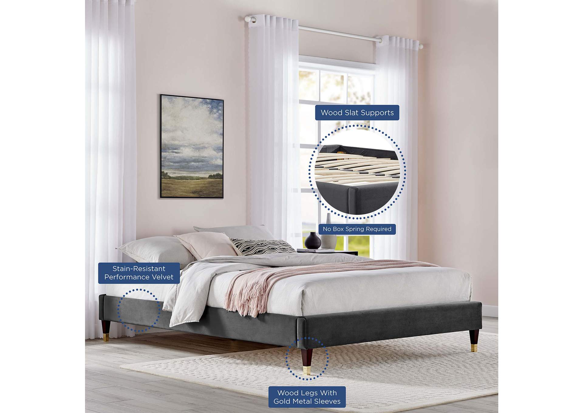 Charcoal Harlow Queen Performance Velvet Platform Bed Frame,Modway