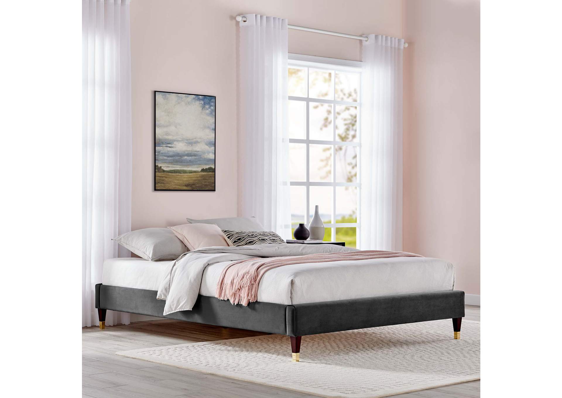 Charcoal Harlow Queen Performance Velvet Platform Bed Frame,Modway