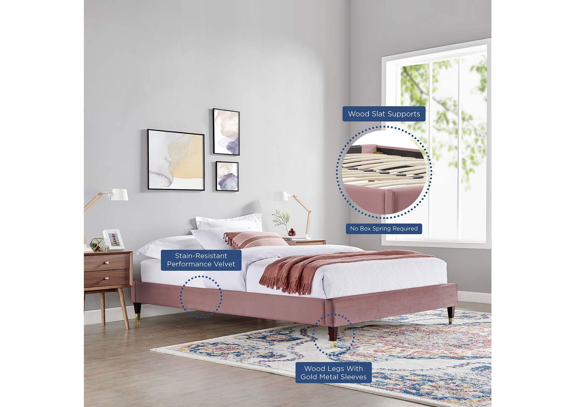 Dusty Rose Harlow Queen Performance Velvet Platform Bed Frame,Modway