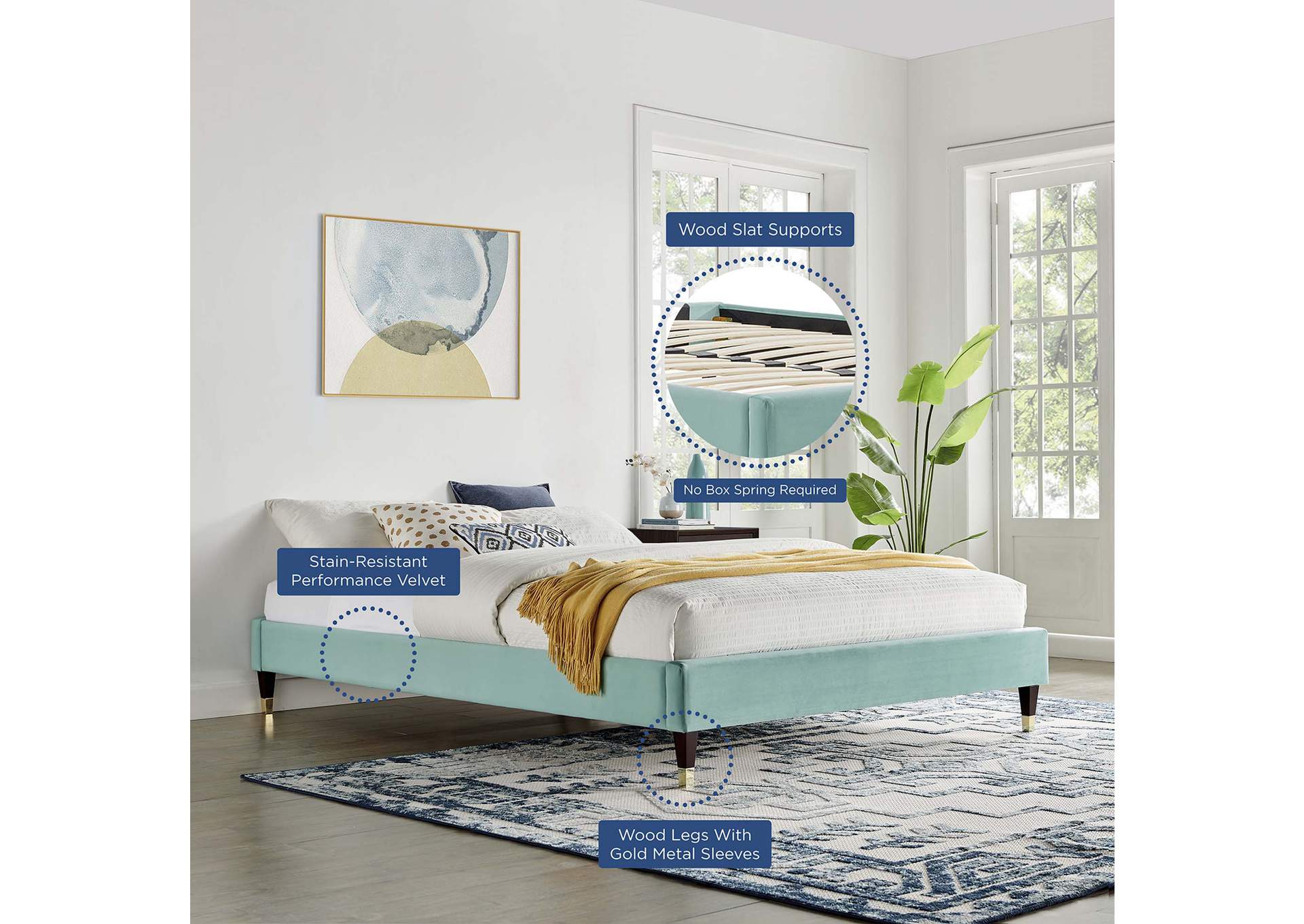 Mint Harlow Queen Performance Velvet Platform Bed Frame,Modway