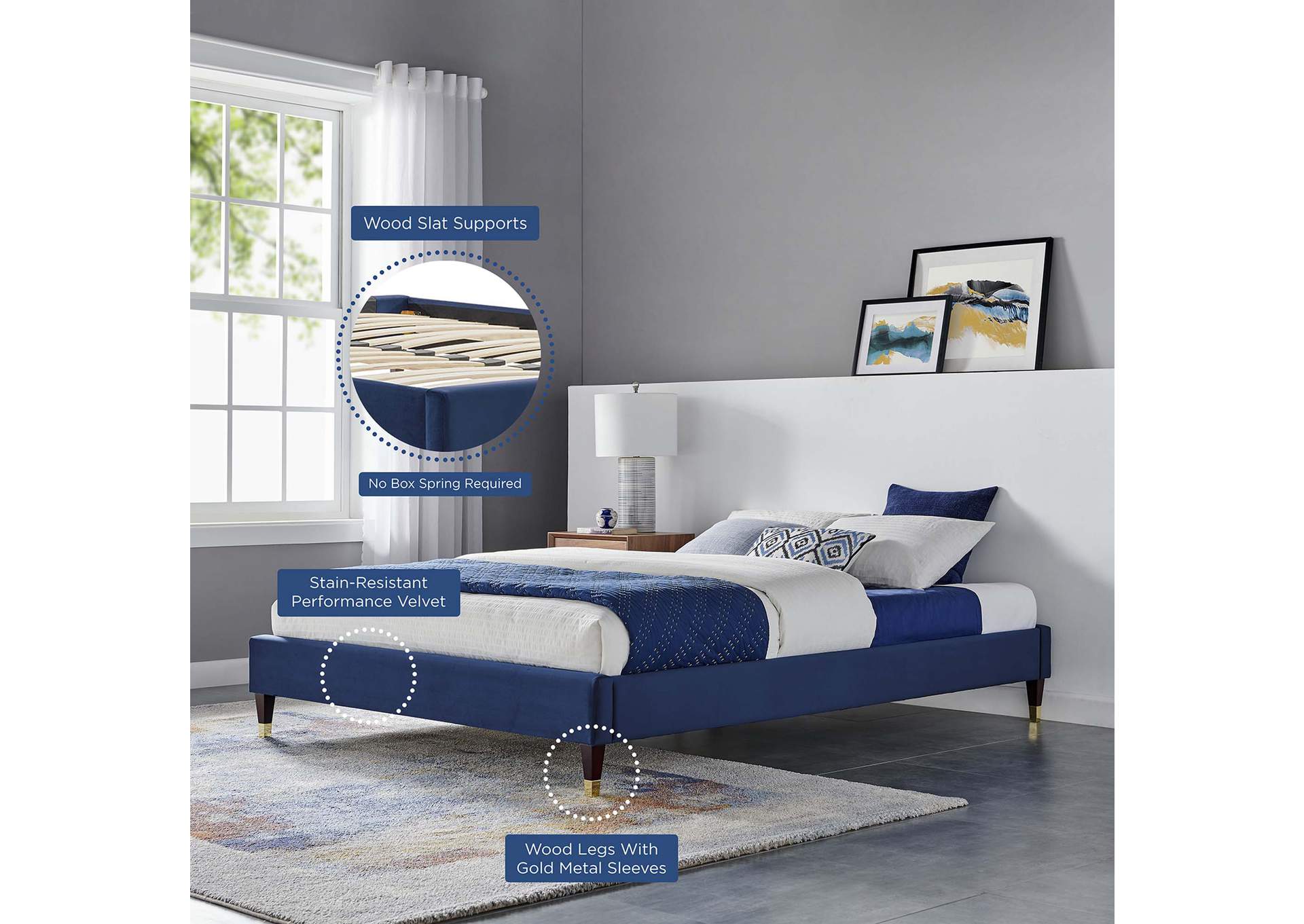 Navy Harlow Queen Performance Velvet Platform Bed Frame,Modway