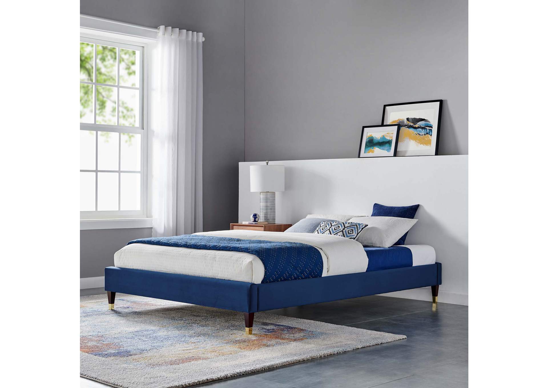 Navy Harlow Queen Performance Velvet Platform Bed Frame,Modway