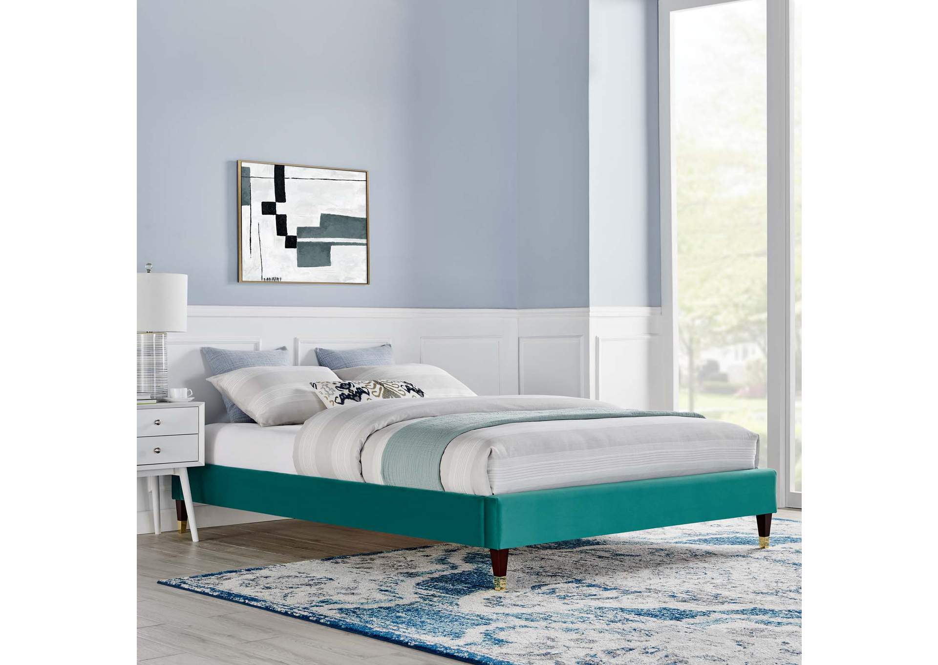 Teal Harlow Queen Performance Velvet Platform Bed Frame,Modway