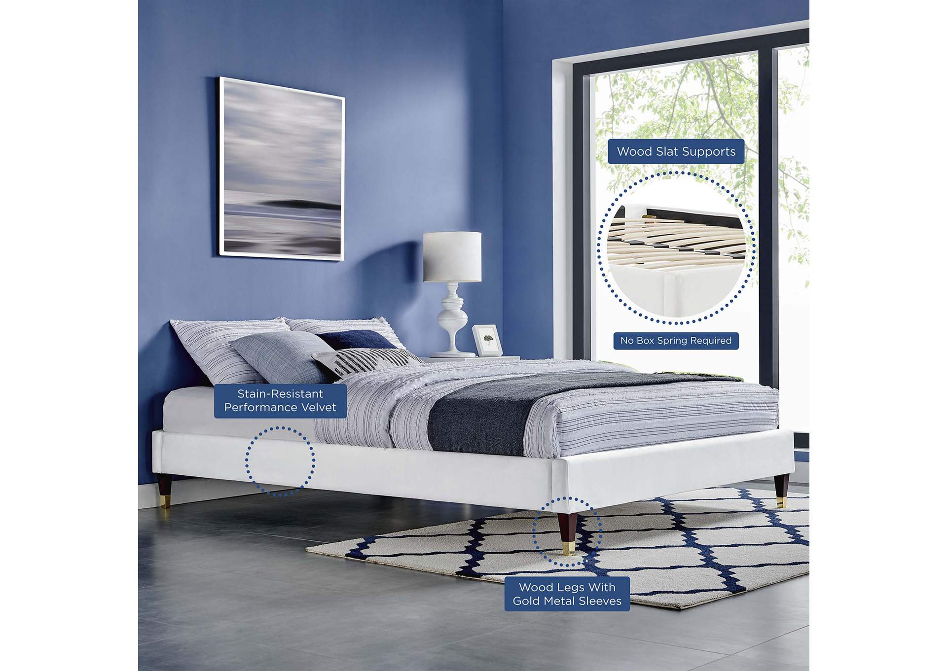 White Harlow Queen Performance Velvet Platform Bed Frame,Modway