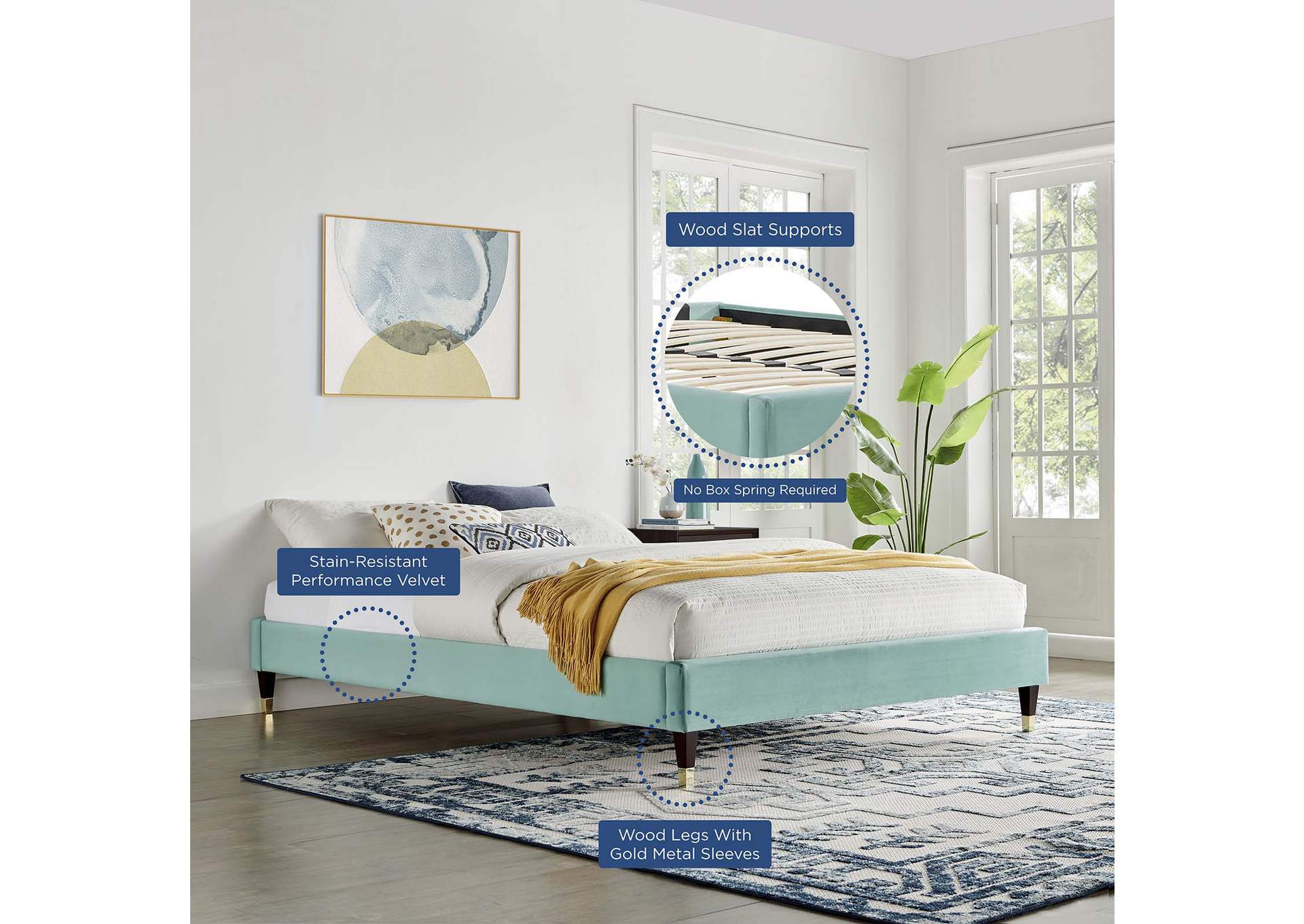 Mint Harlow King Performance Velvet Platform Bed Frame,Modway