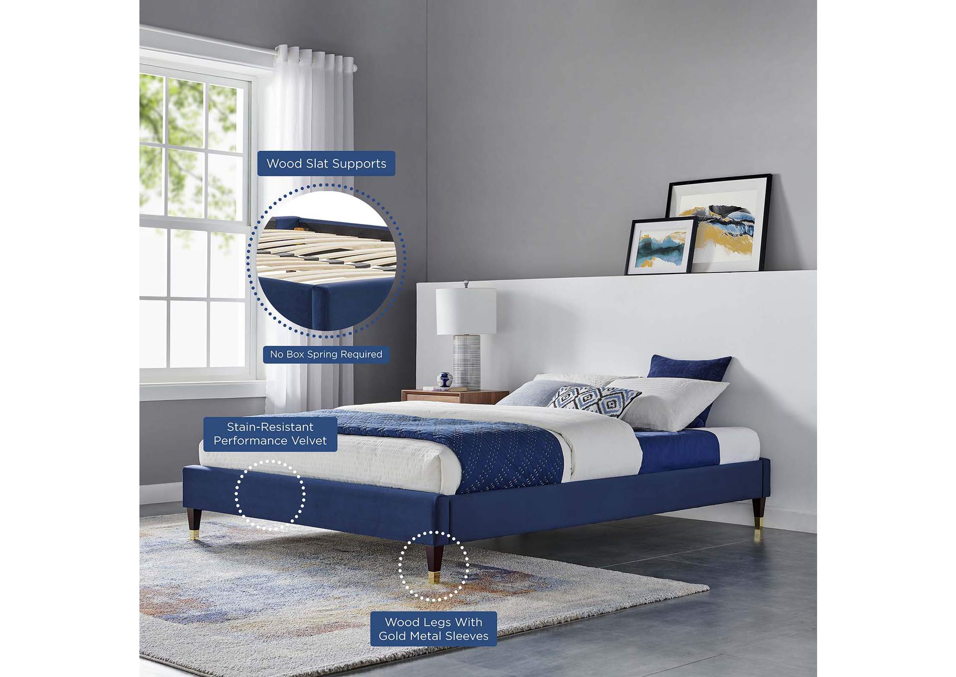Navy Harlow King Performance Velvet Platform Bed Frame,Modway