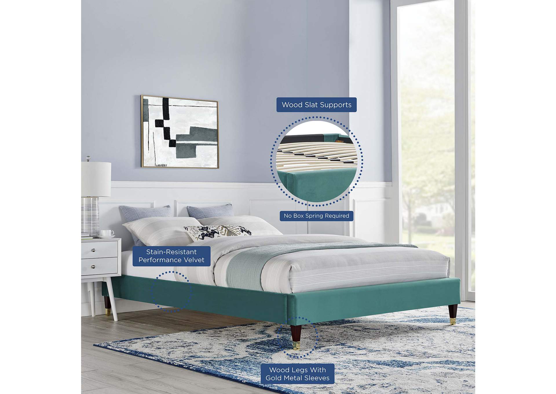 Teal Harlow King Performance Velvet Platform Bed Frame,Modway