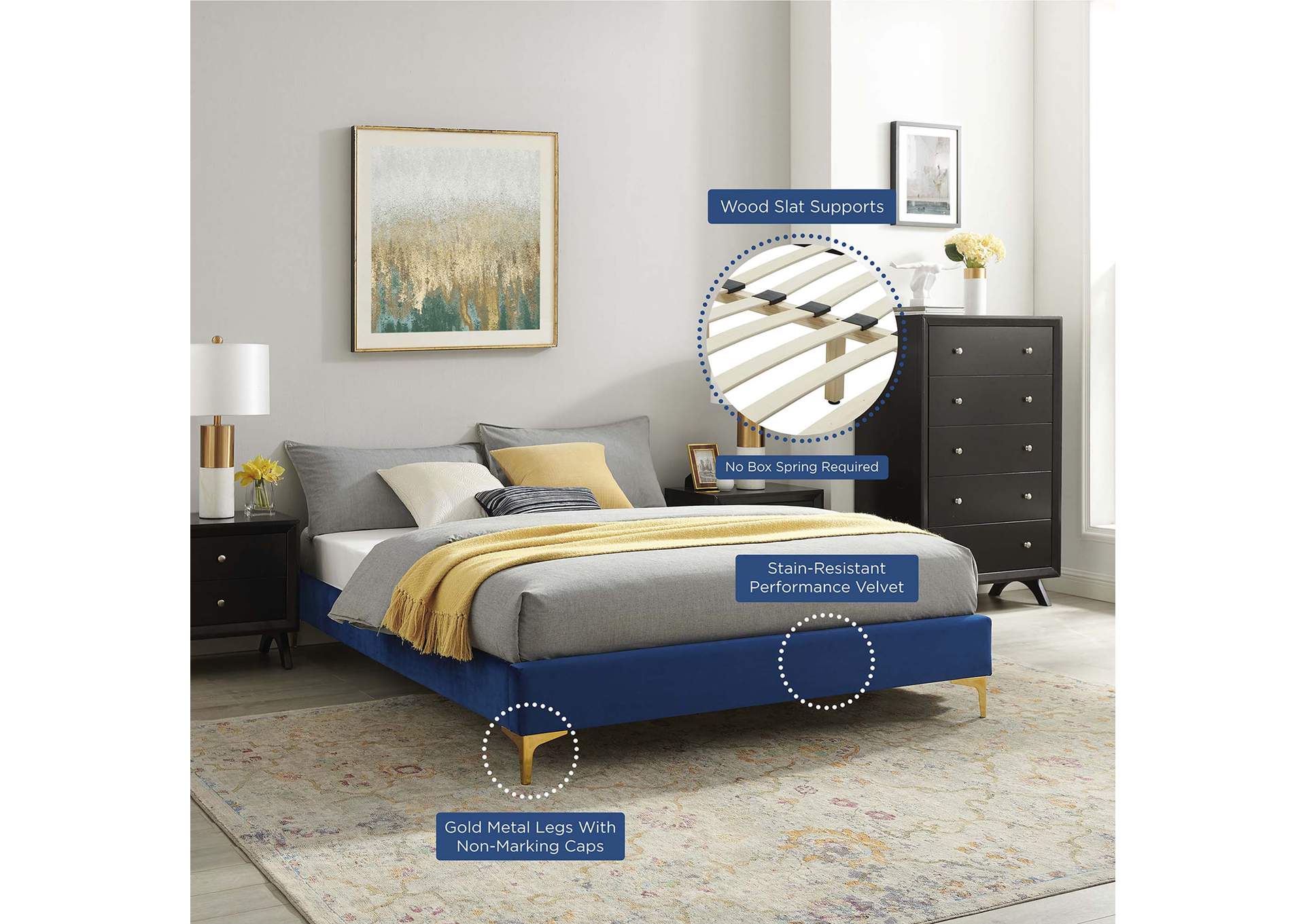 Navy Sutton Queen Performance Velvet Bed Frame,Modway