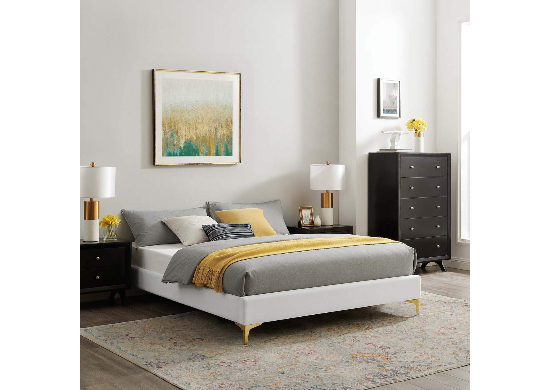 White Sutton Queen Performance Velvet Bed Frame,Modway