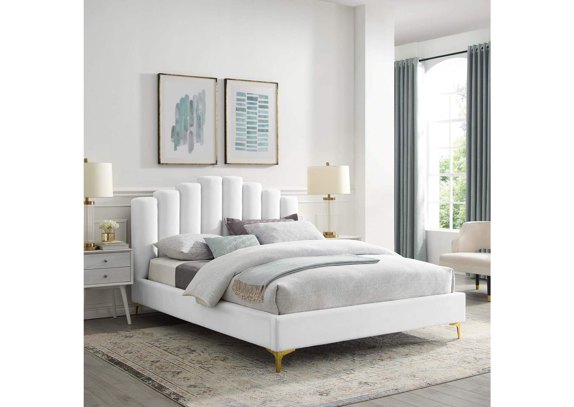 White Olivia Queen Performance Velvet Platform Bed,Modway