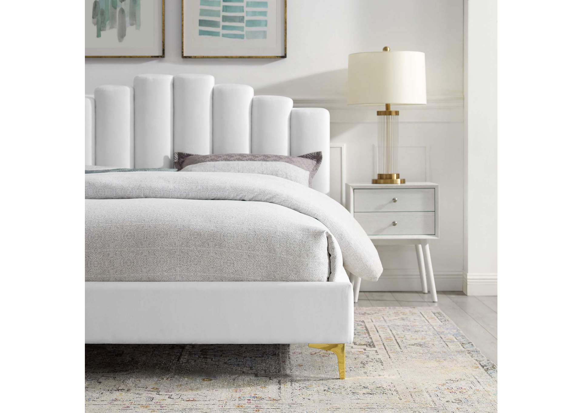 White Olivia Queen Performance Velvet Platform Bed,Modway