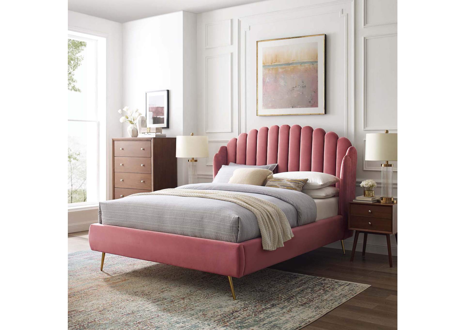 Dusty Rose Lana Queen Performance Velvet Wingback Platform Bed,Modway