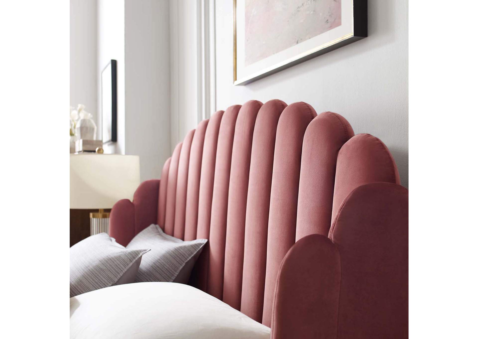 Dusty Rose Lana Queen Performance Velvet Wingback Platform Bed,Modway