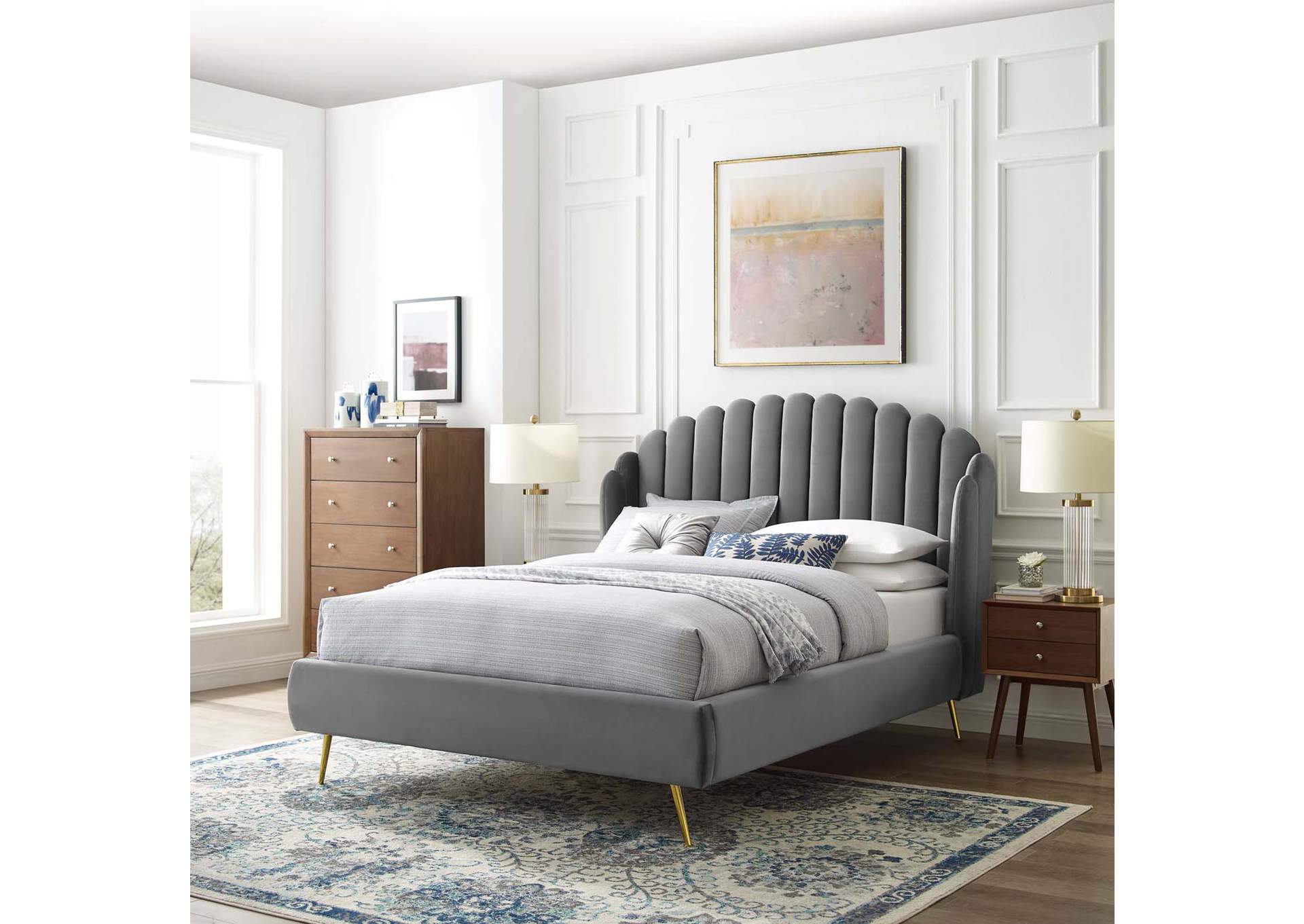 Gray Lana Queen Performance Velvet Wingback Platform Bed,Modway