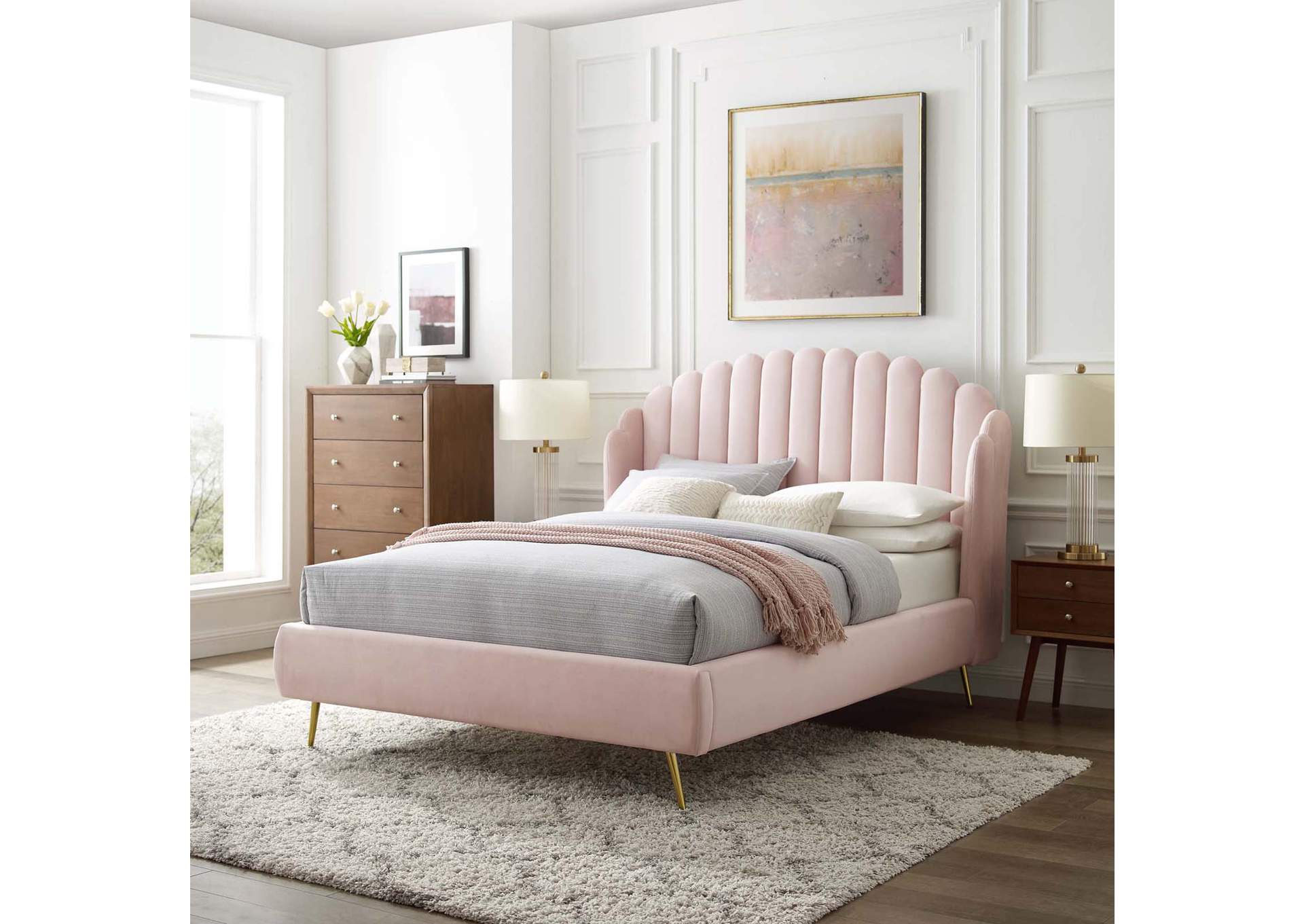 Pink Lana Queen Performance Velvet Wingback Platform Bed,Modway