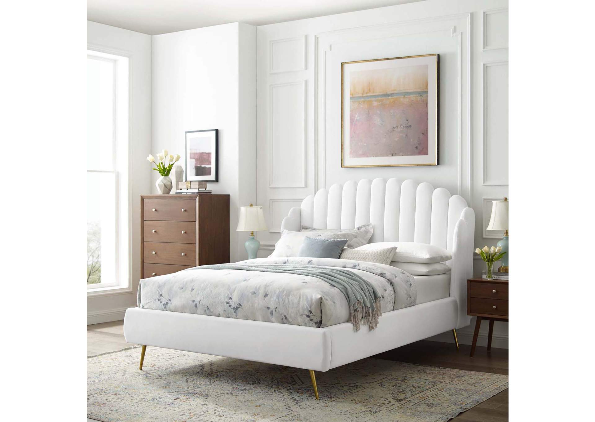 White Lana Queen Performance Velvet Wingback Platform Bed,Modway