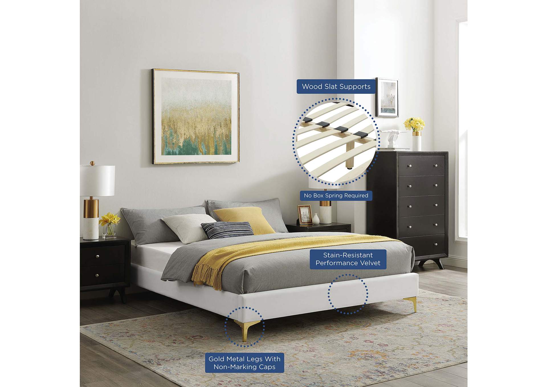 White Sutton Twin Performance Velvet Bed Frame,Modway