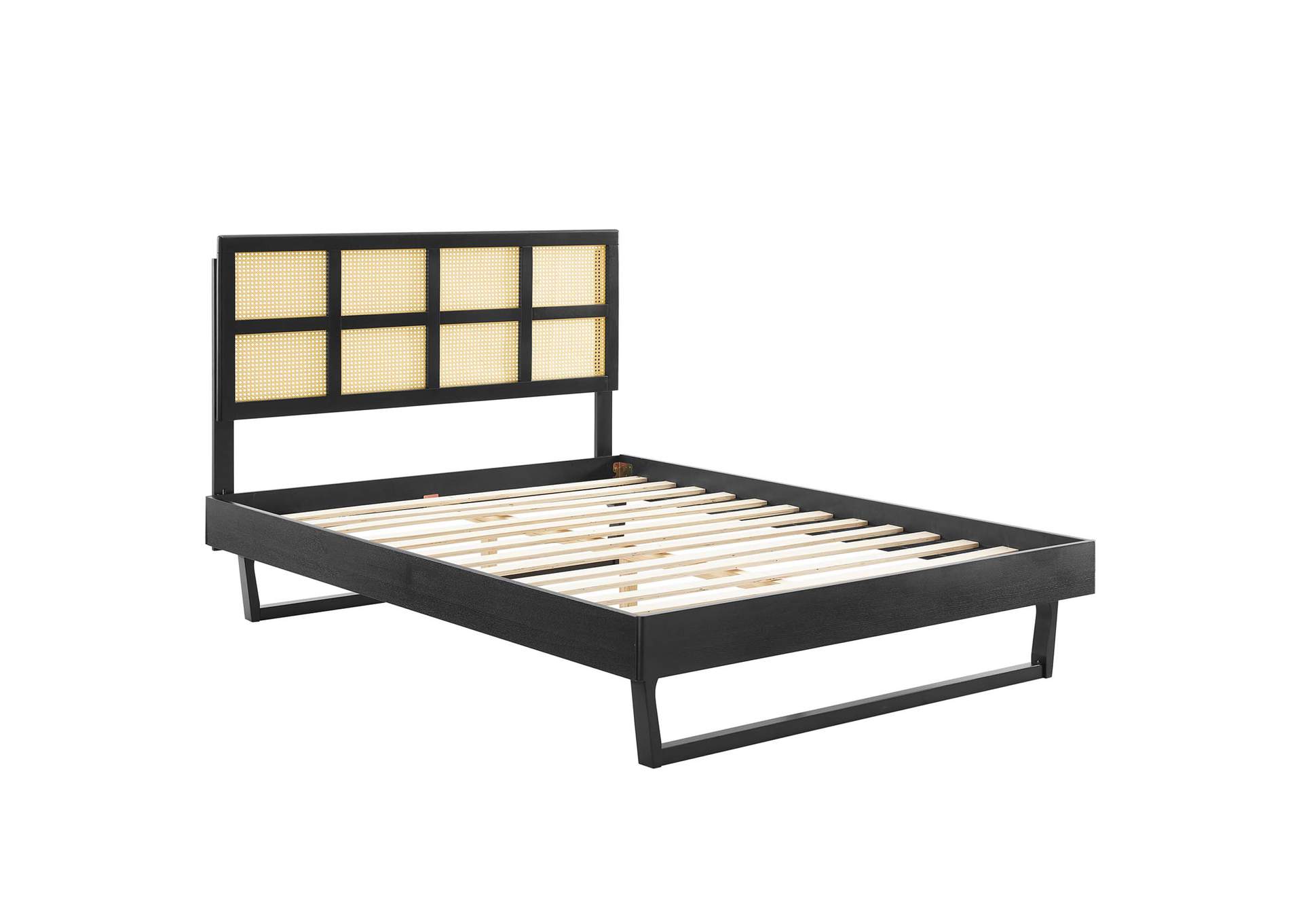 Black Sidney Cane and Wood Queen Platform Bed With Angular Legs,Modway