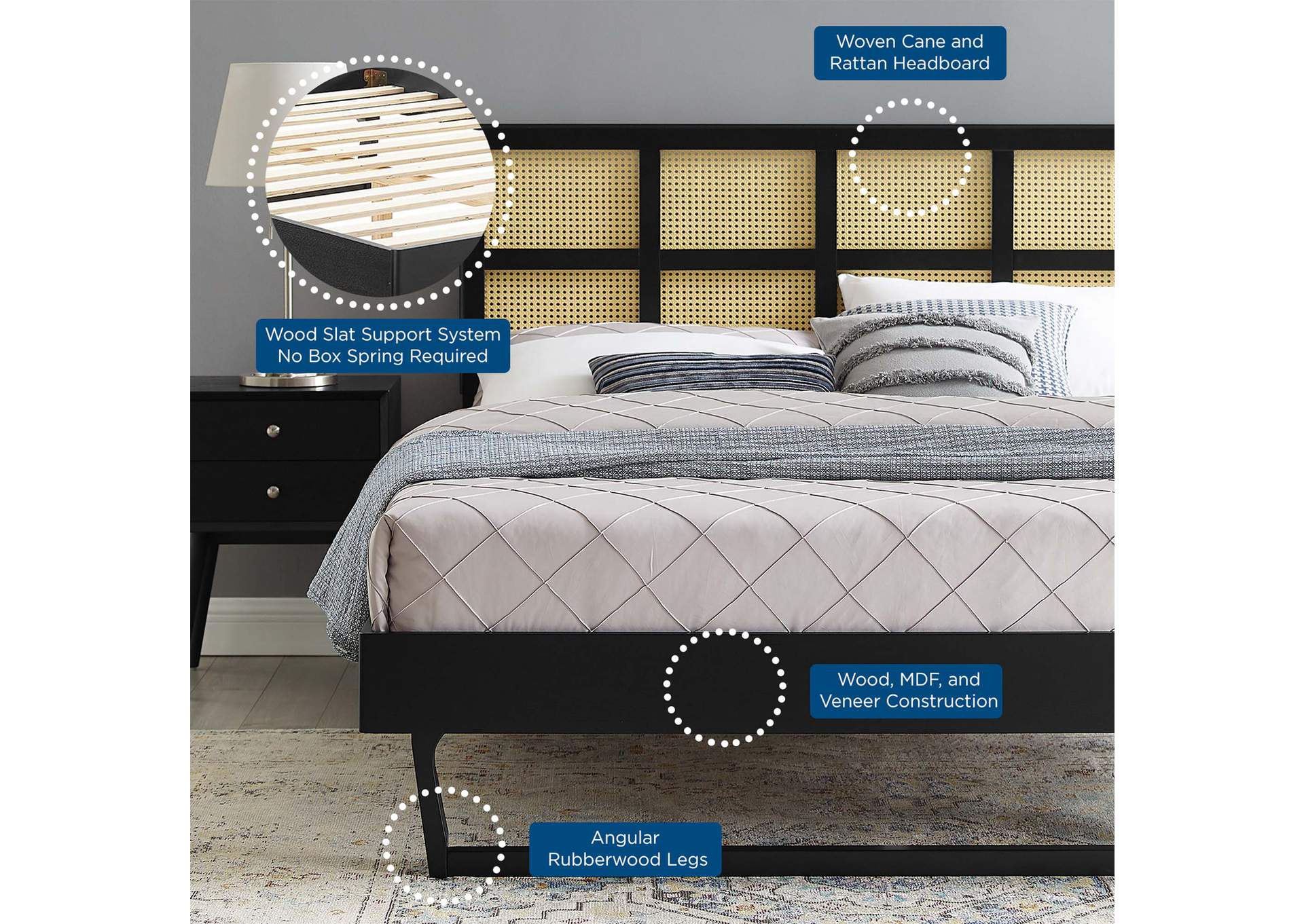 Black Sidney Cane and Wood Queen Platform Bed With Angular Legs,Modway