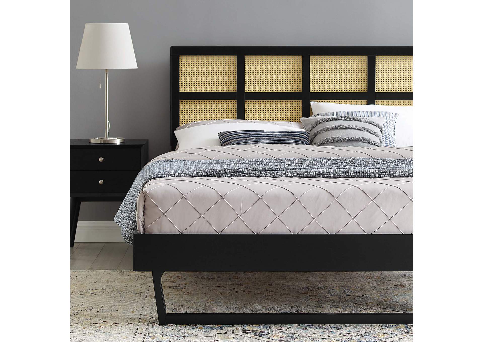 Black Sidney Cane and Wood Queen Platform Bed With Angular Legs,Modway