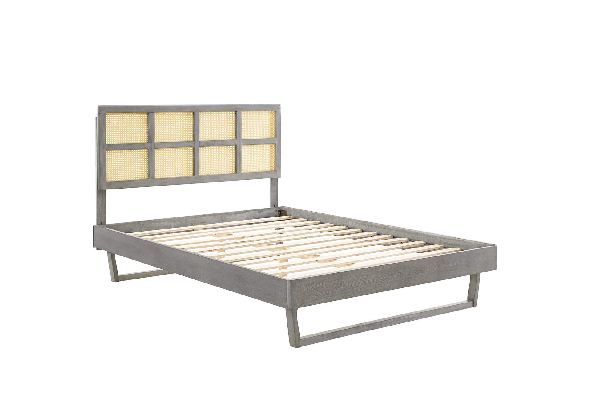 Gray Sidney Cane and Wood Queen Platform Bed With Angular Legs,Modway