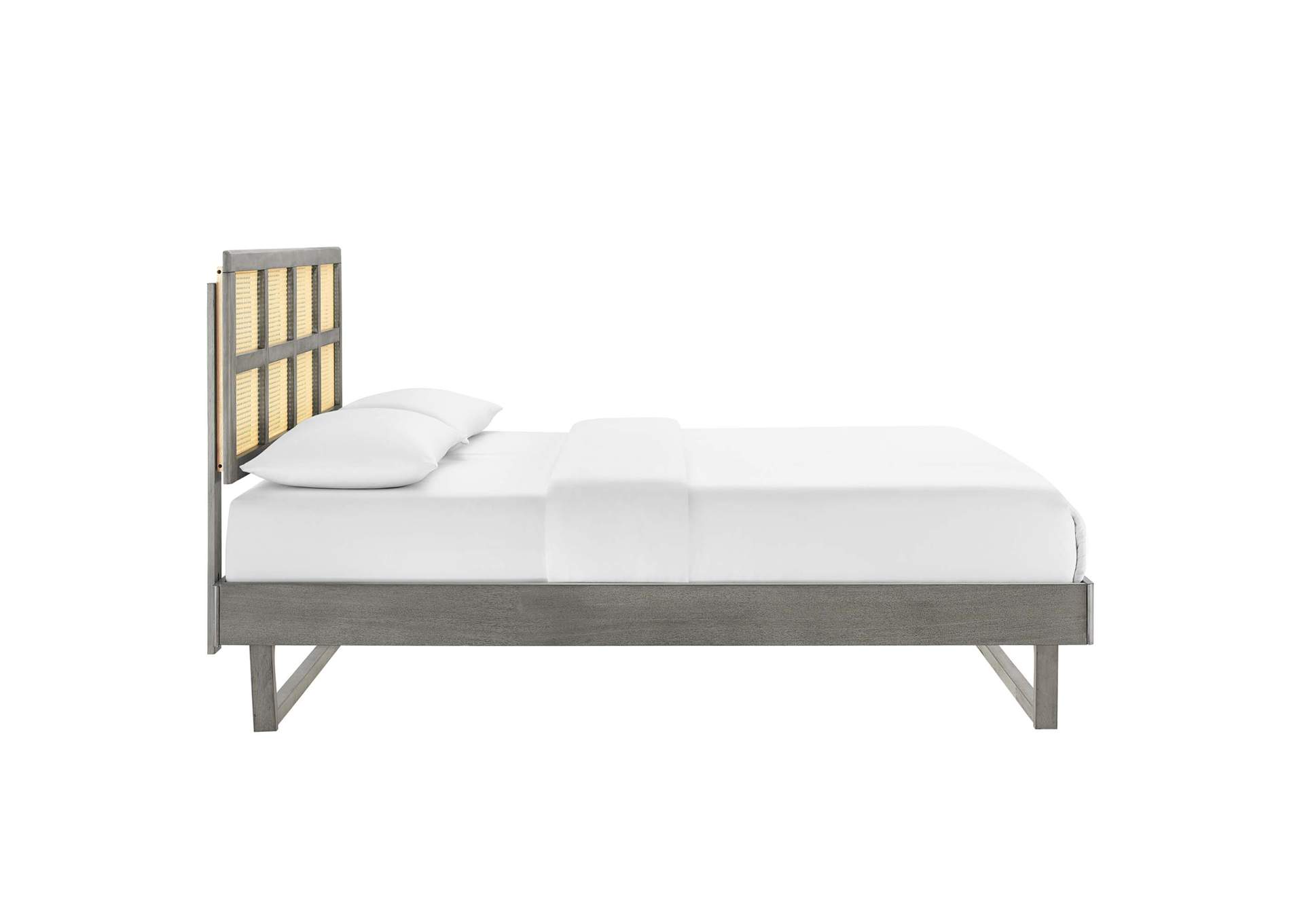 Gray Sidney Cane and Wood Queen Platform Bed With Angular Legs,Modway