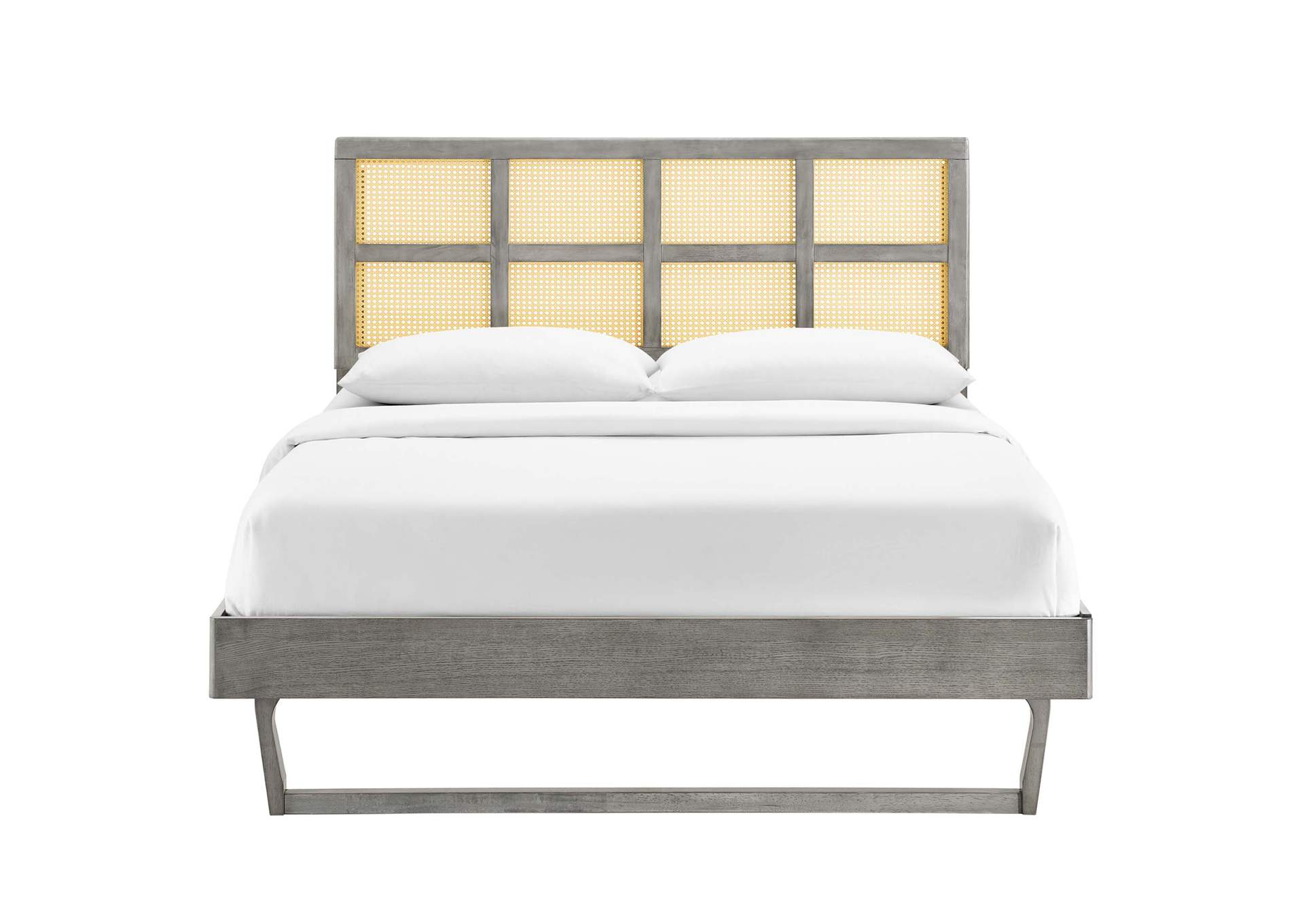 Gray Sidney Cane and Wood Queen Platform Bed With Angular Legs,Modway