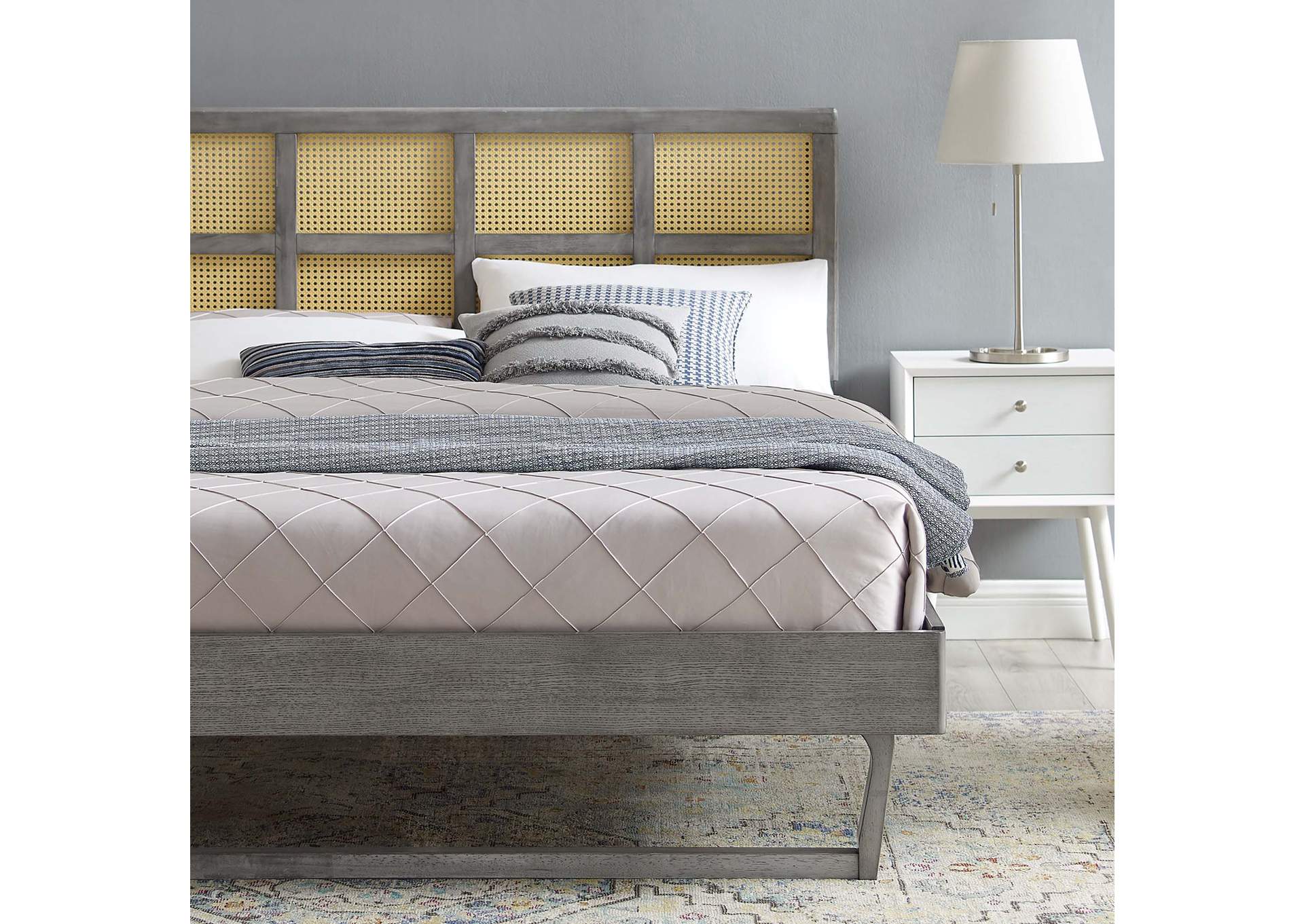 Gray Sidney Cane and Wood Queen Platform Bed With Angular Legs,Modway