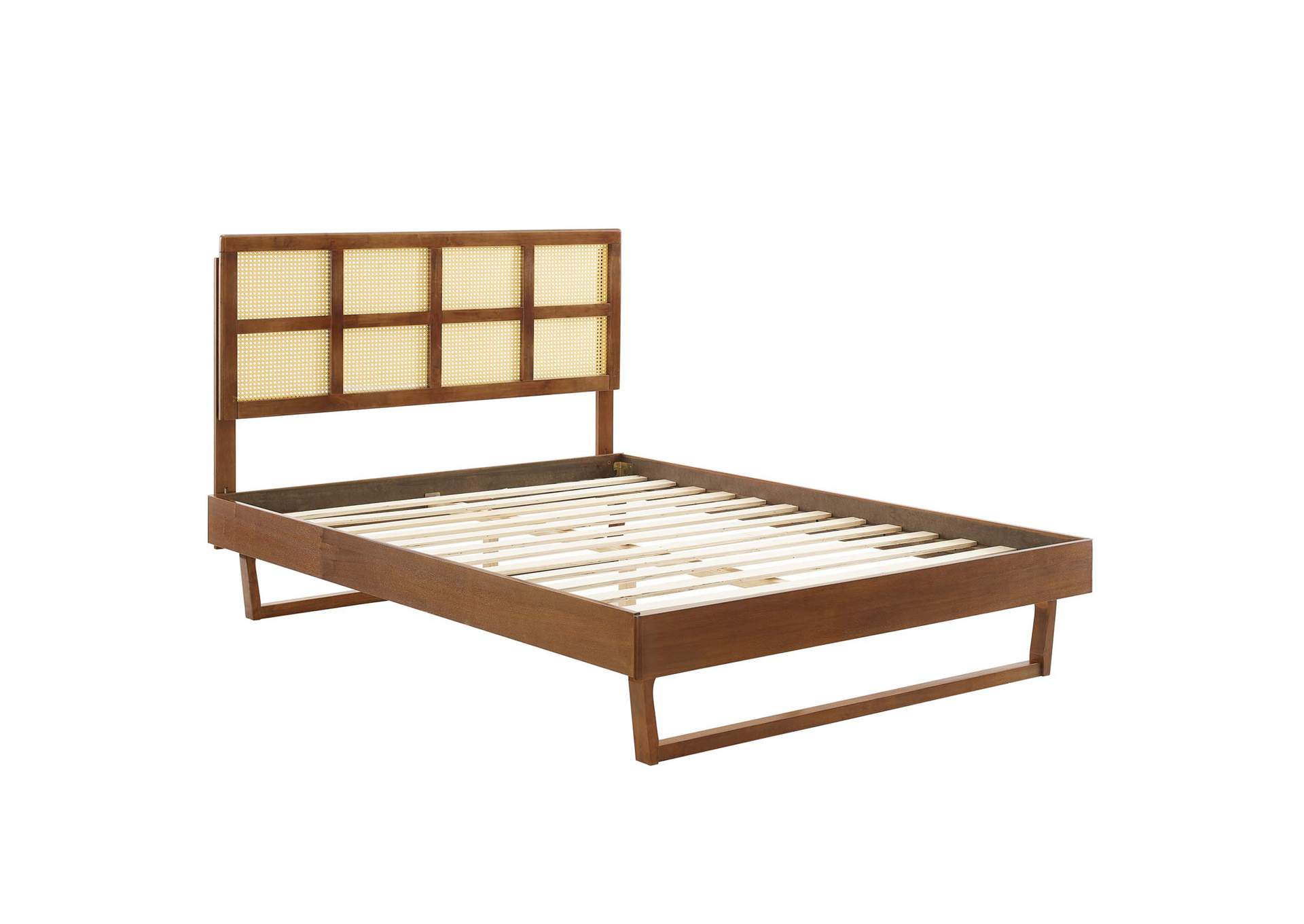 Walnut Sidney Cane and Wood Queen Platform Bed With Angular Legs,Modway